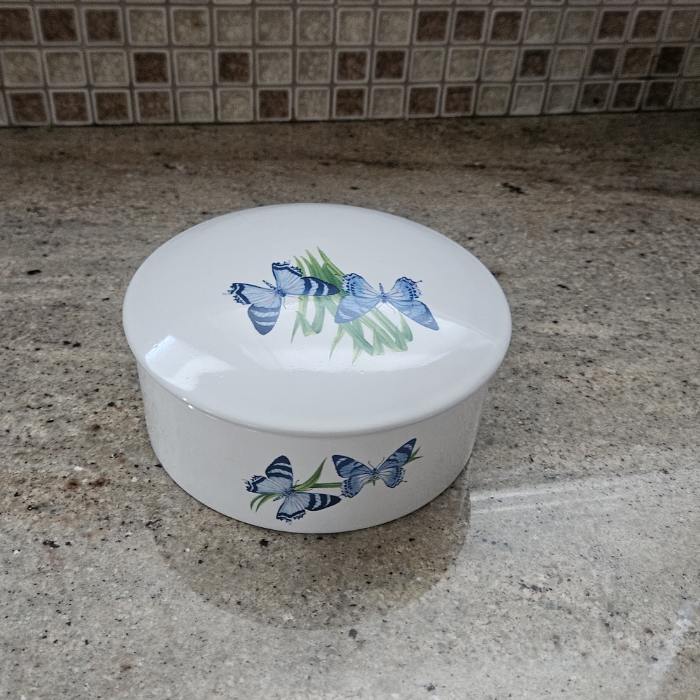 White Ceramic Box with Blue Butterfly Design
